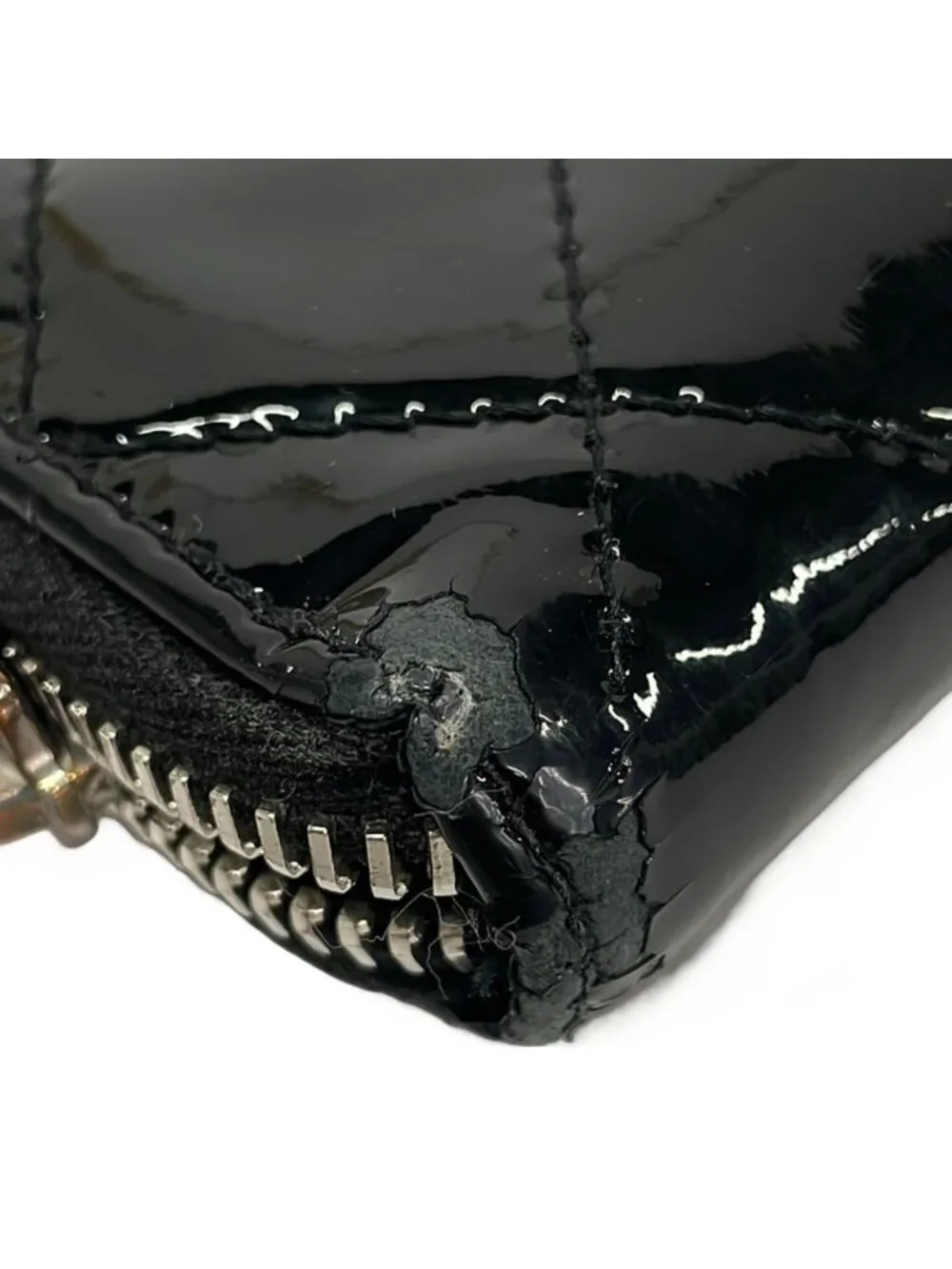 Chanel Wallet Quilted Black Silver Zip Around Leather